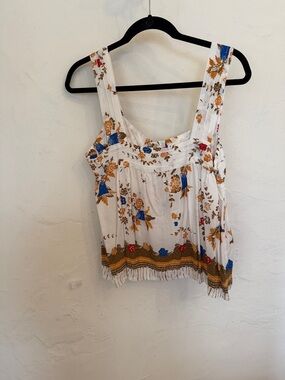 Natalie Martin White Floral Sleeveless Camisole with Blue & Mustard Accents